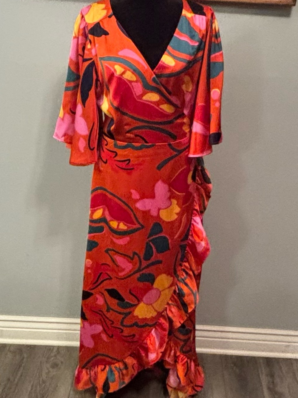 Sugarlips Red Floral Maxi Wrap Dress with Pink & Yellow Accents Sz XL